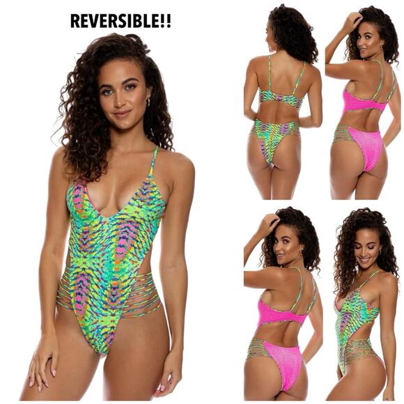 Luli Fama Oasis Babe REVERSIBLE Strappy Bright Colored One Piece SZ M $185 - Picture 1 of 15